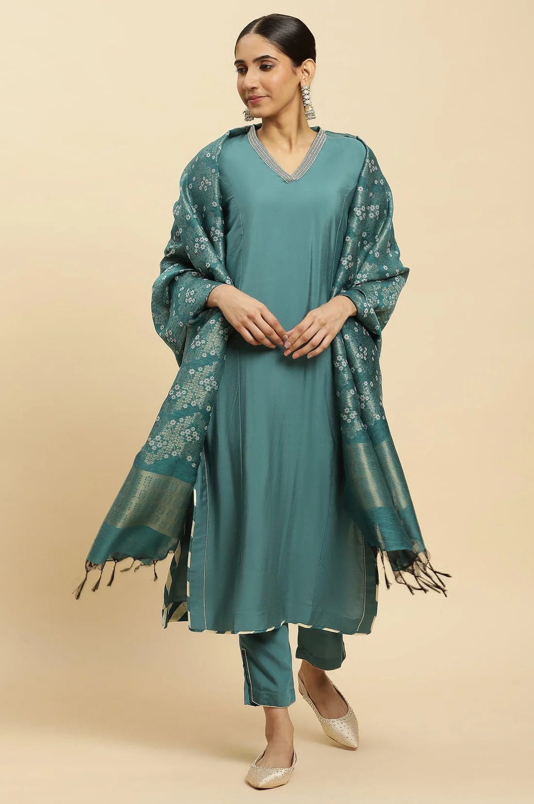 Blue Embellished Kurta, Pants And Jacquard Dupatta Set