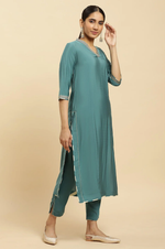 Blue Embellished Kurta, Pants And Jacquard Dupatta Set