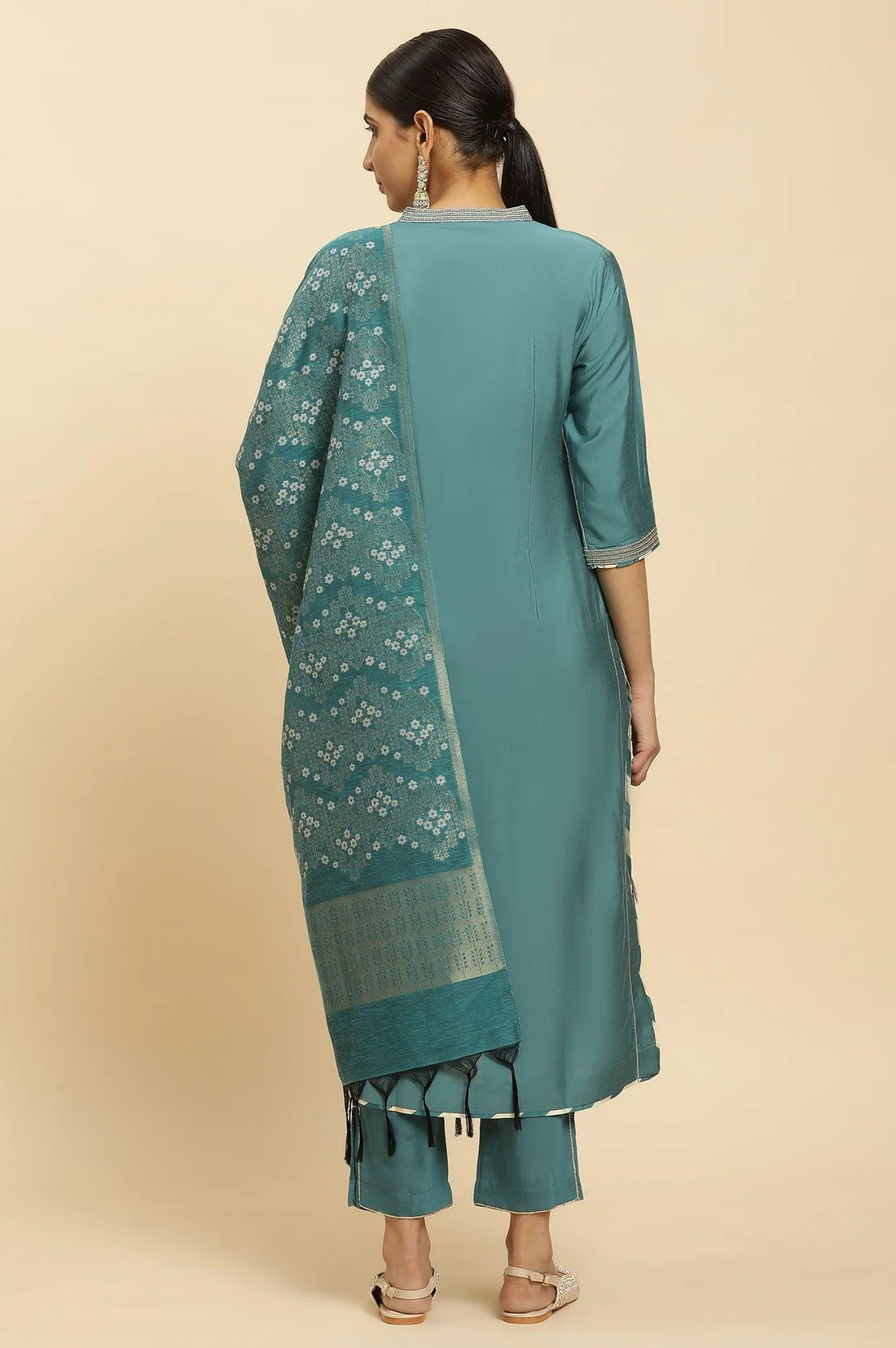 Blue Embellished Kurta, Pants And Jacquard Dupatta Set