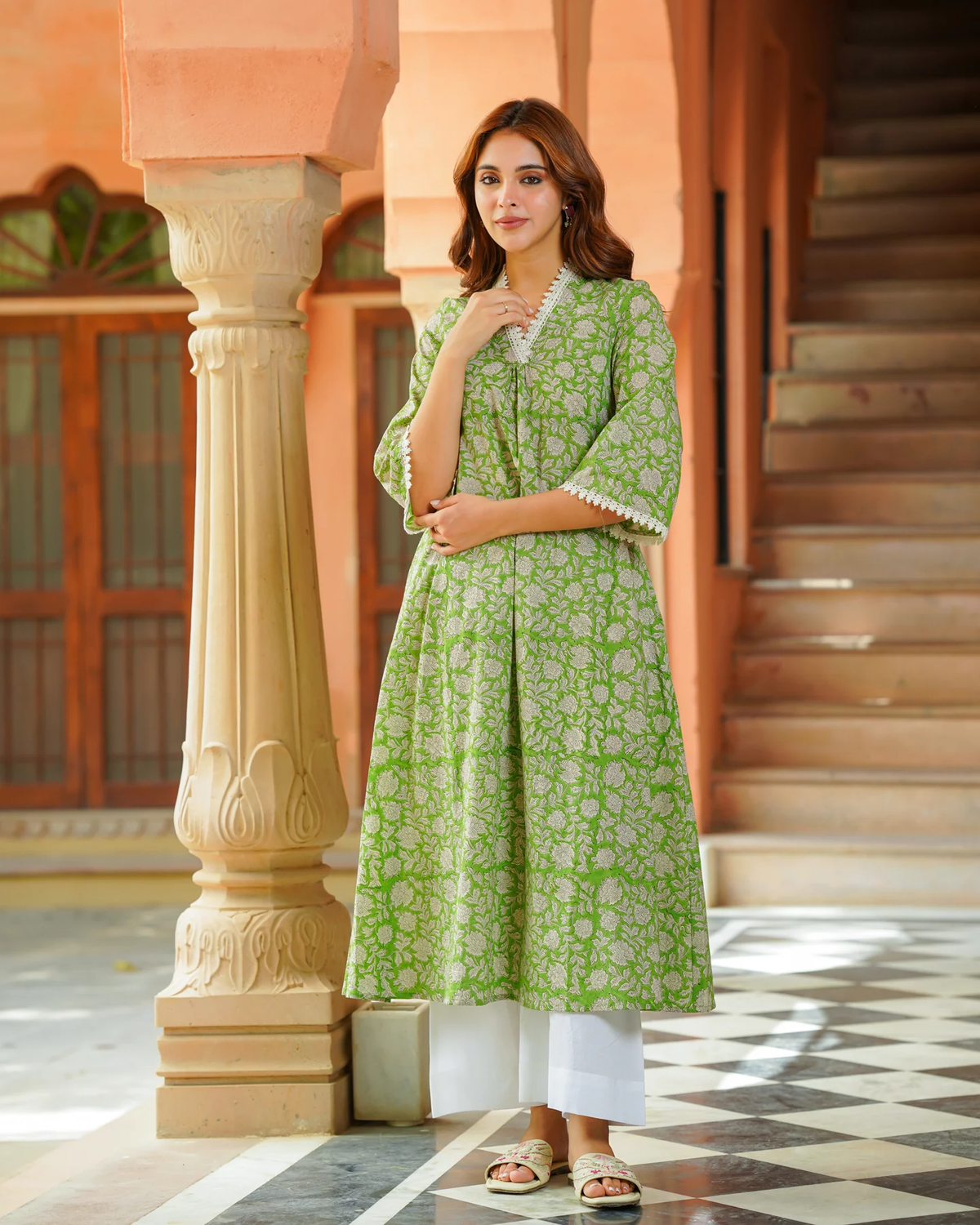 HANDBLOCK PRINTED GREEN KURTA SET