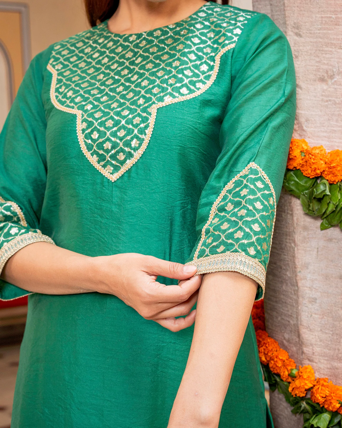 EMERALD GREEN CHANDERI KURTA SET