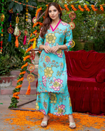 BLUE FLORAL-STROKED KURTA SET