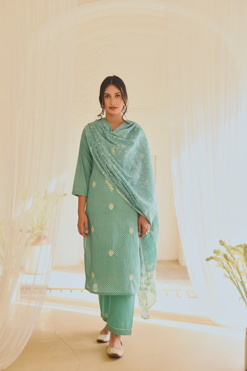 TURQUOISE COTTON CHIKANKARI KURTA SET