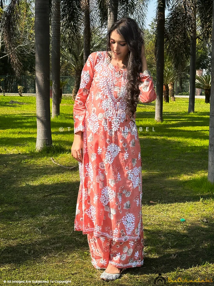 CORAL AFIYA MULMUL COTTON CHIKANKARI KURTA SET