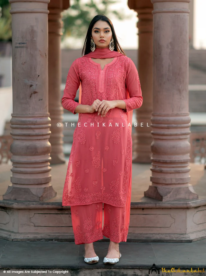 CORAL LIYANA VISCOSE CHIKANKARI STRAIGHT KURTA SET WITH DUPATTA