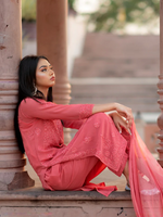 CORAL LIYANA VISCOSE CHIKANKARI STRAIGHT KURTA SET WITH DUPATTA