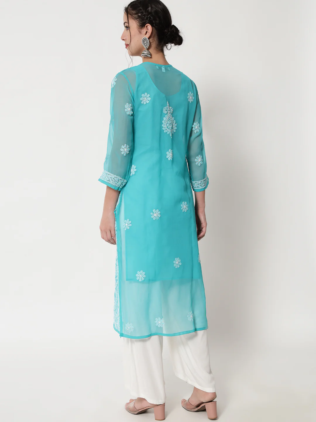 HAND EMBROIDERED CHIKANKARI GEORGETTE STRAIGHT KURTA WITH PLAZZO