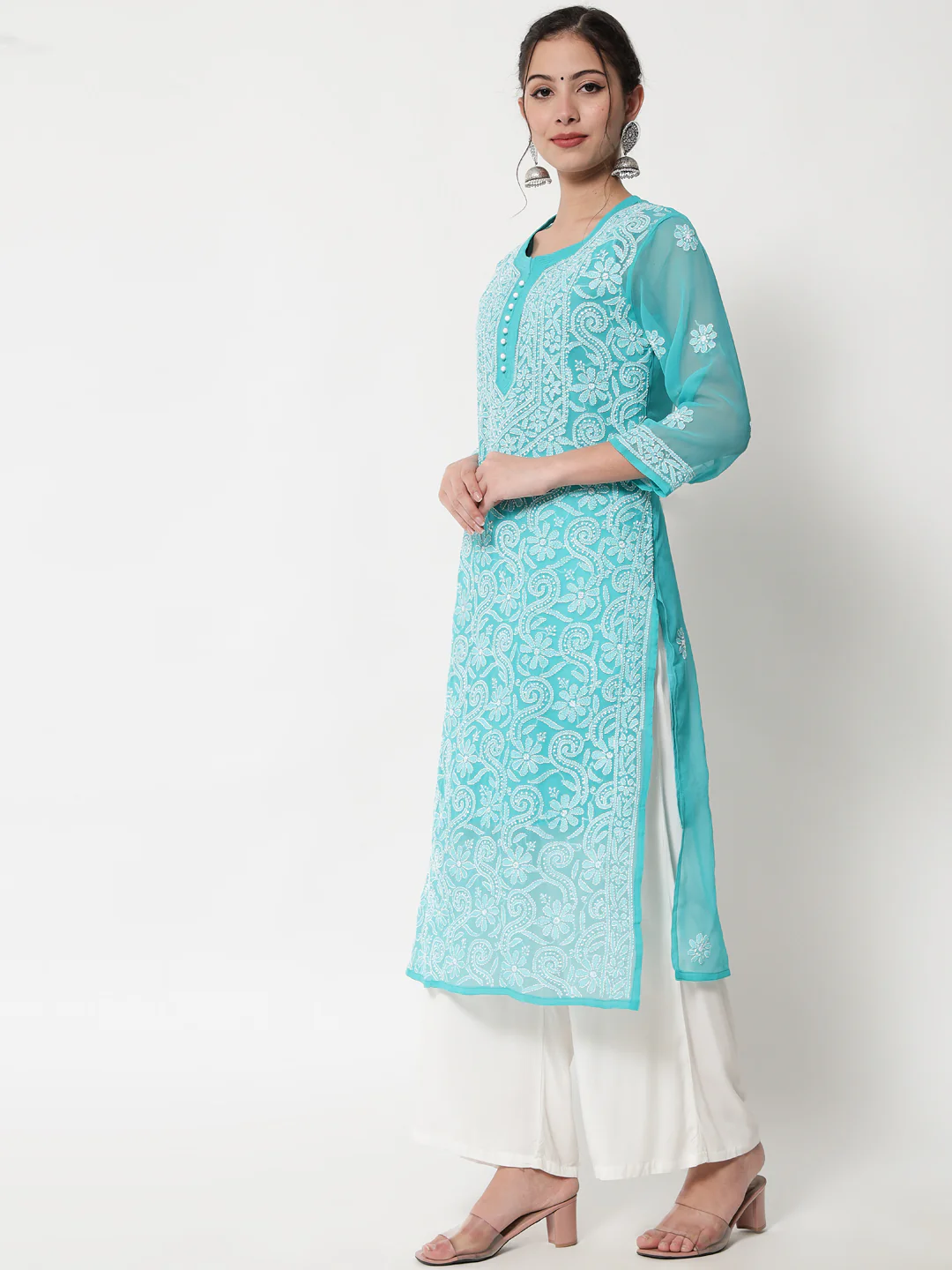 HAND EMBROIDERED CHIKANKARI GEORGETTE STRAIGHT KURTA WITH PLAZZO