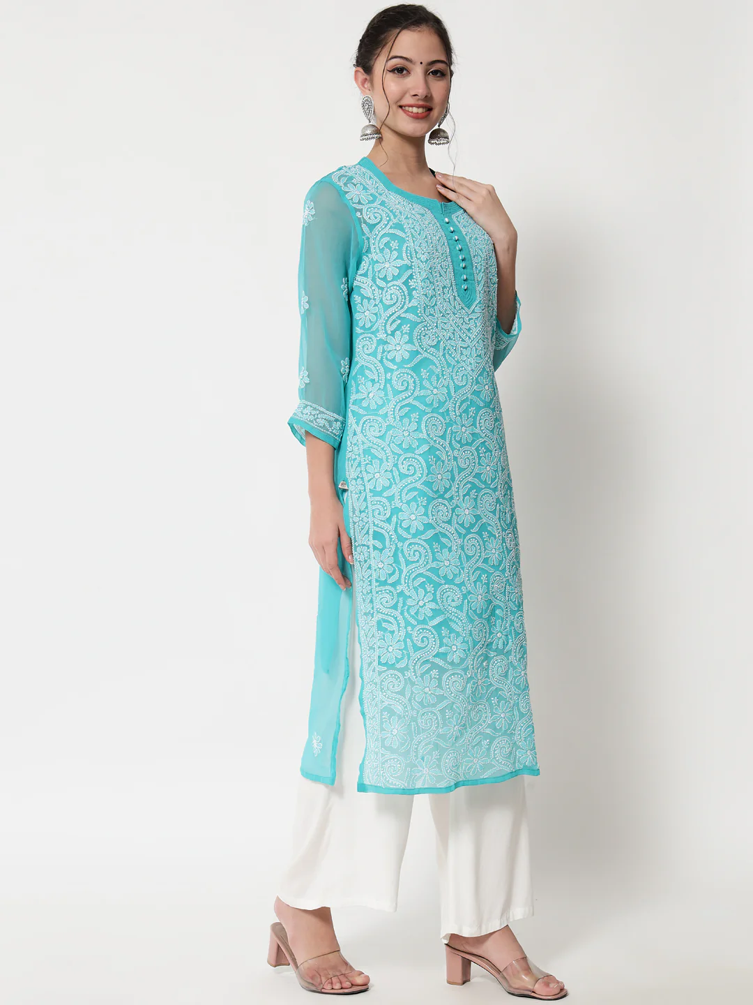 HAND EMBROIDERED CHIKANKARI GEORGETTE STRAIGHT KURTA WITH PLAZZO