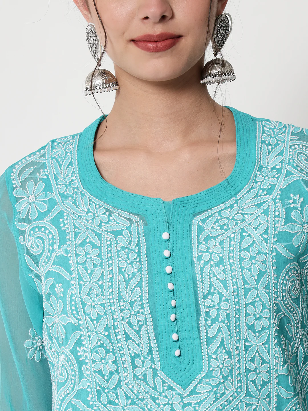 HAND EMBROIDERED CHIKANKARI GEORGETTE STRAIGHT KURTA WITH PLAZZO