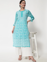 HAND EMBROIDERED CHIKANKARI GEORGETTE STRAIGHT KURTA WITH PLAZZO