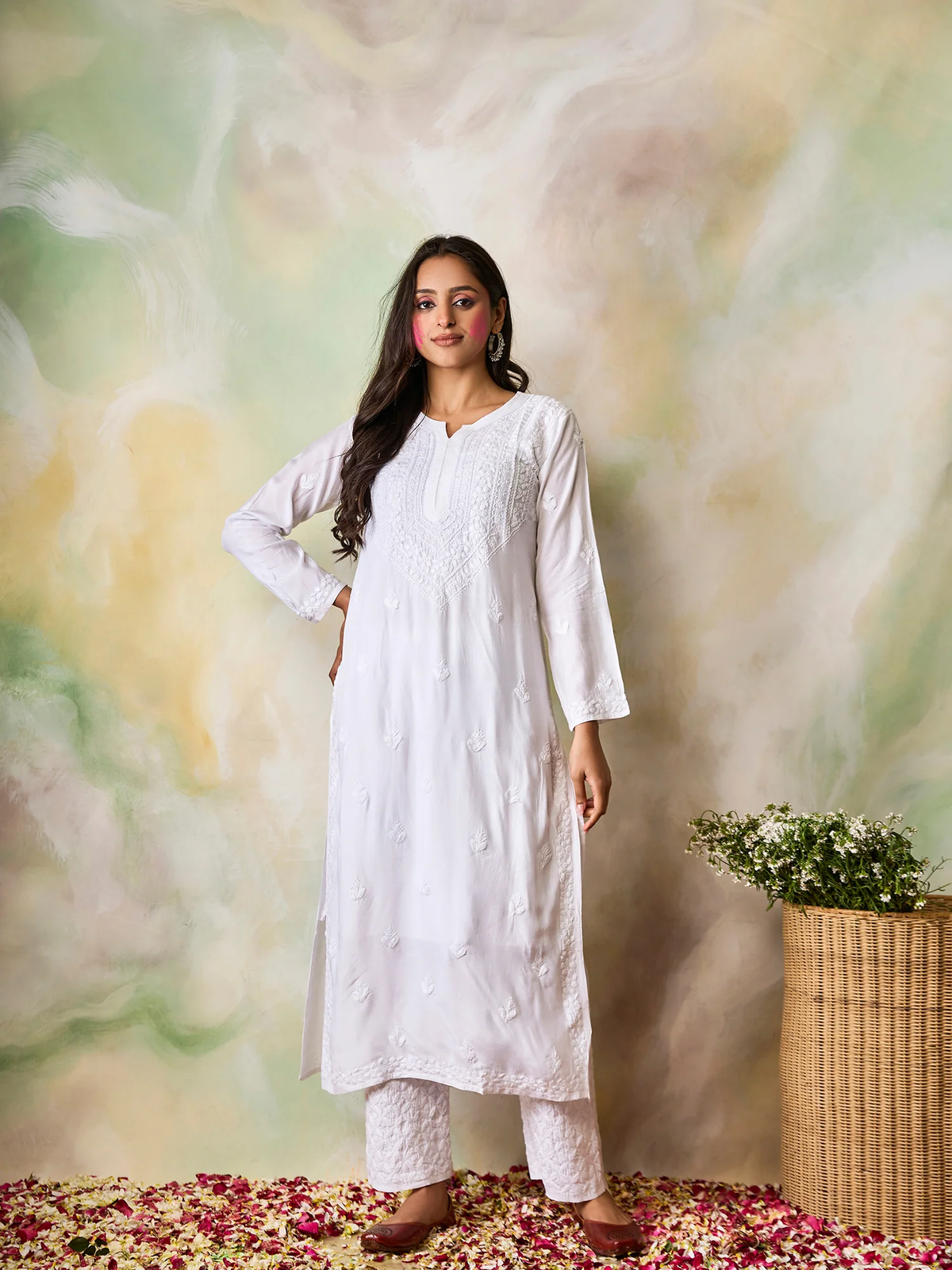 Muslin Chikankari kurta Set for Women- White