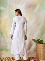 Muslin Chikankari kurta Set for Women- White