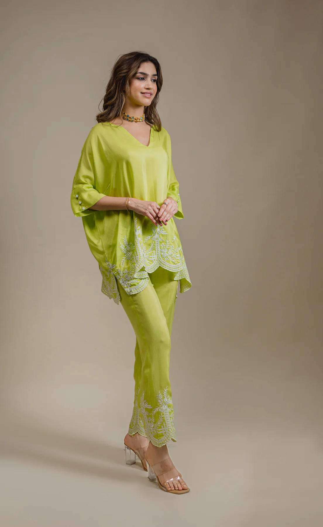 SEHER FLOWY LIME EMBROIDERED KAFTAN SET