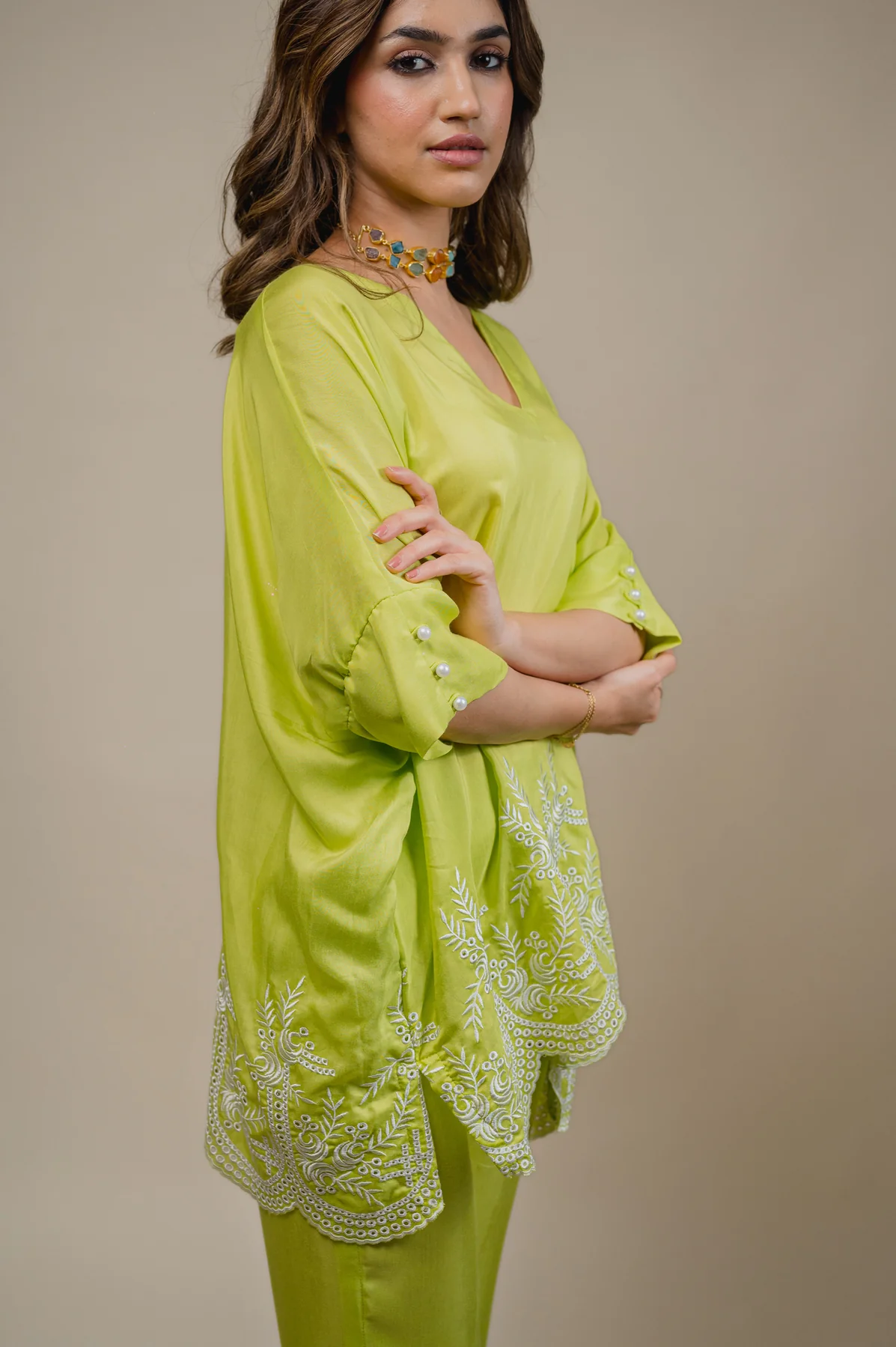 SEHER FLOWY LIME EMBROIDERED KAFTAN SET