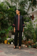 MULTICOLORED EMBROIDERED BLACK SUIT SET WITH ORGANZA ACCENTS