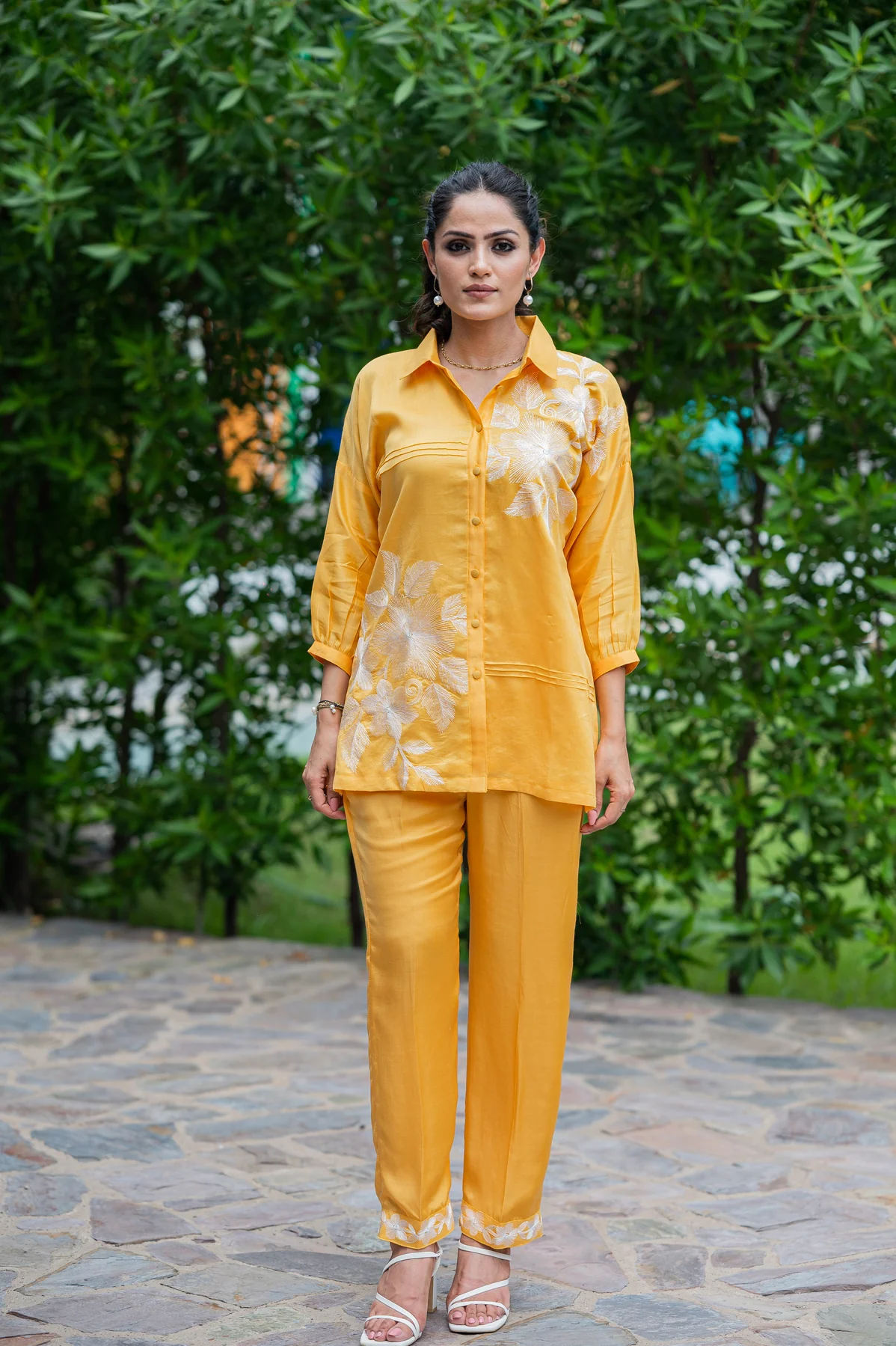 YELLOW FLORAL CHANDERI CO-ORD SET