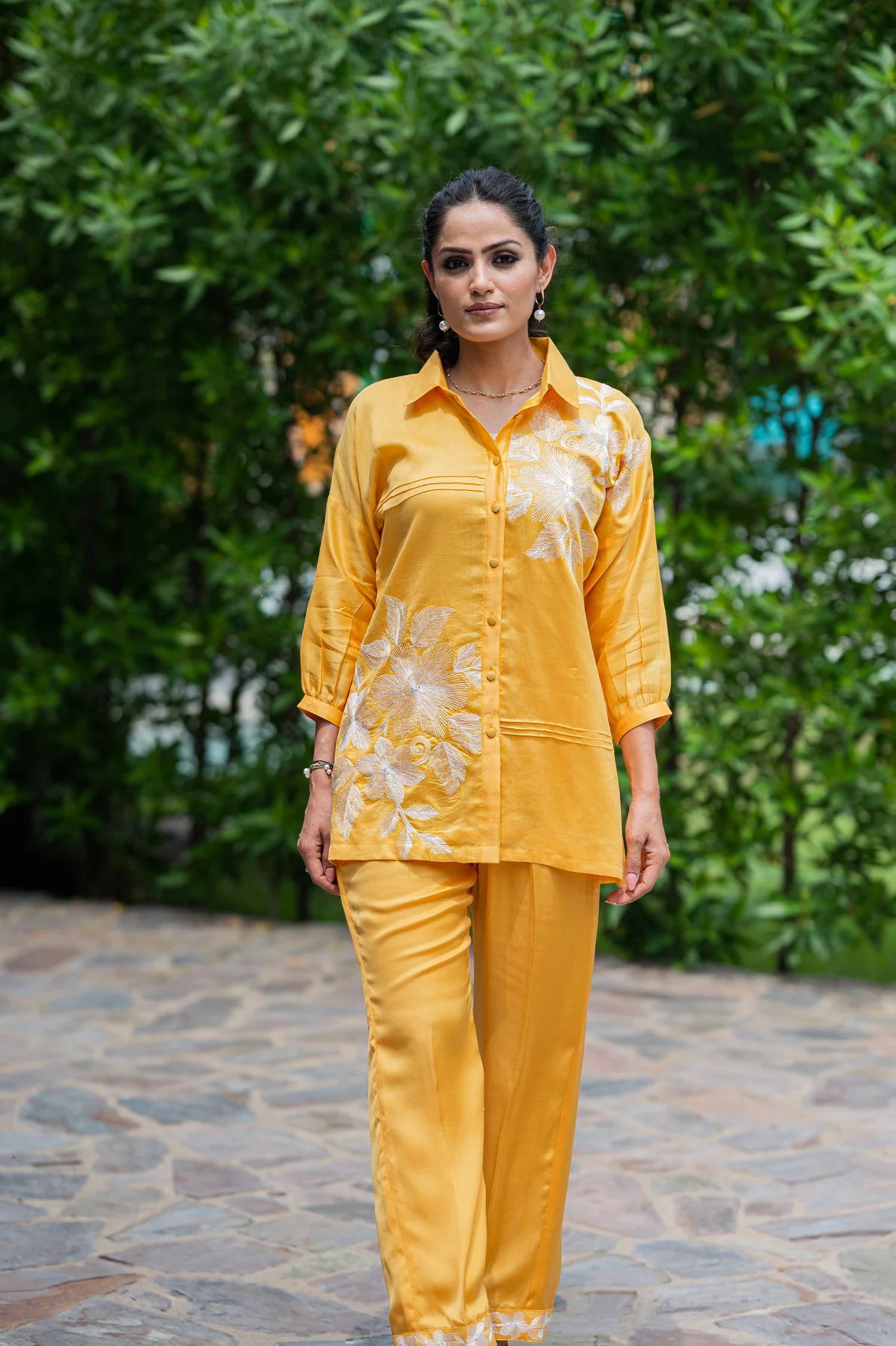 YELLOW FLORAL CHANDERI CO-ORD SET