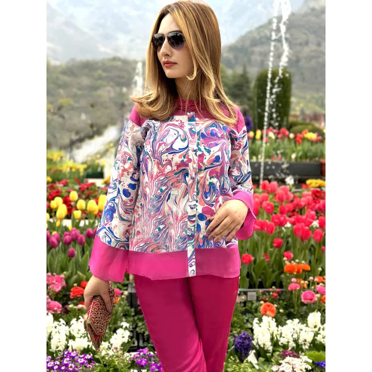 LAURA GORGEOUS KASHMIR WATER MARBLED PURE SILK TUNIC SET