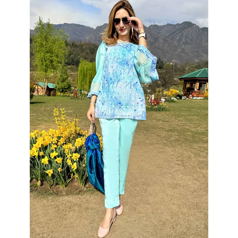 LEONA GORGEOUS KASHMIR WATER MARBLED PURE SILK TUNIC SET