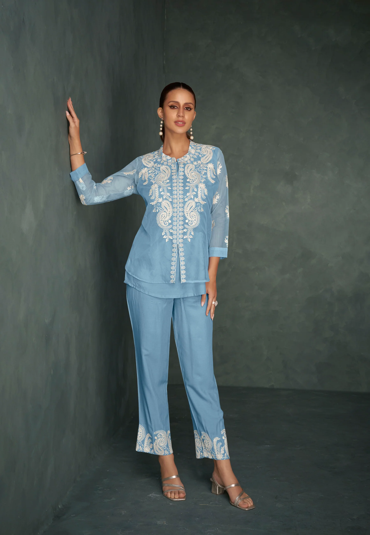 SABA SOFTBLUE EMBROIDERED 3 PC CO-ORD SET