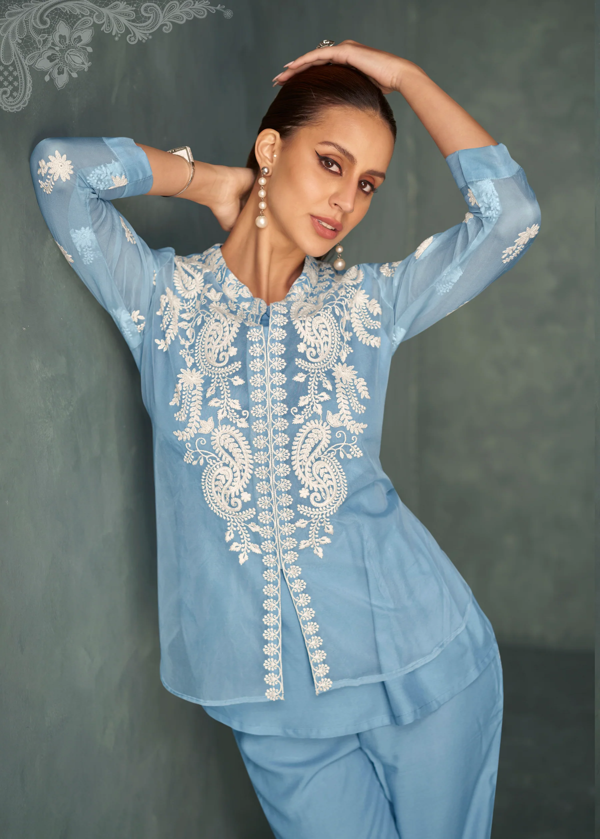 SABA SOFTBLUE EMBROIDERED 3 PC CO-ORD SET