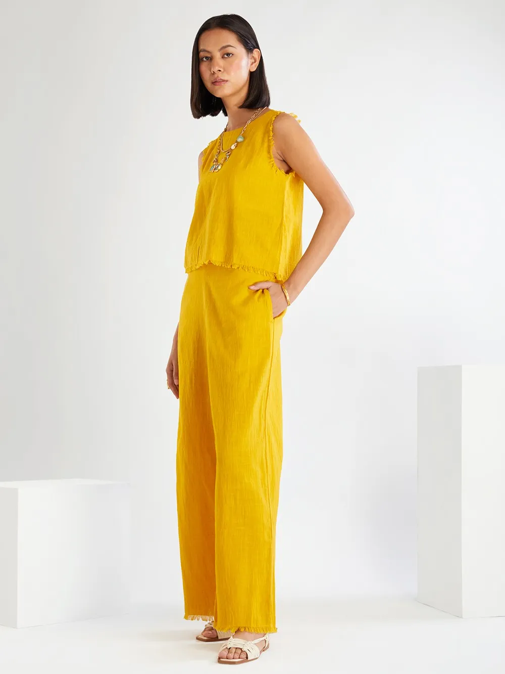 Yellow Cotton Slub Co-ord Set- Set of 2