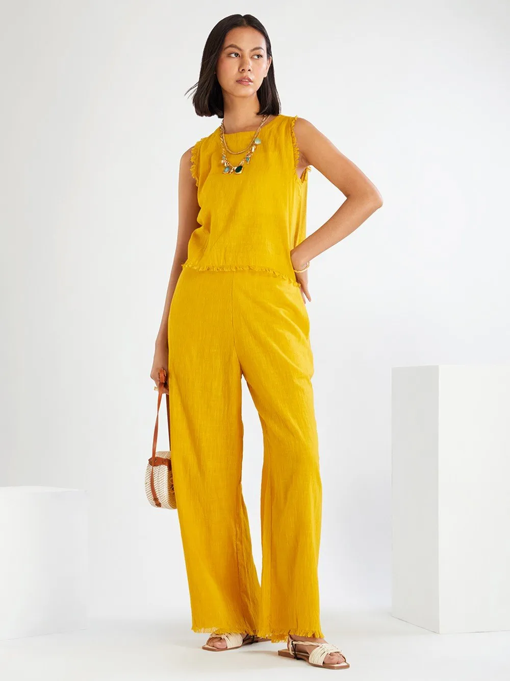 Yellow Cotton Slub Co-ord Set- Set of 2