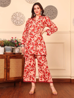 Red Peach Printed Cotton Co-ord Set- Set of 2