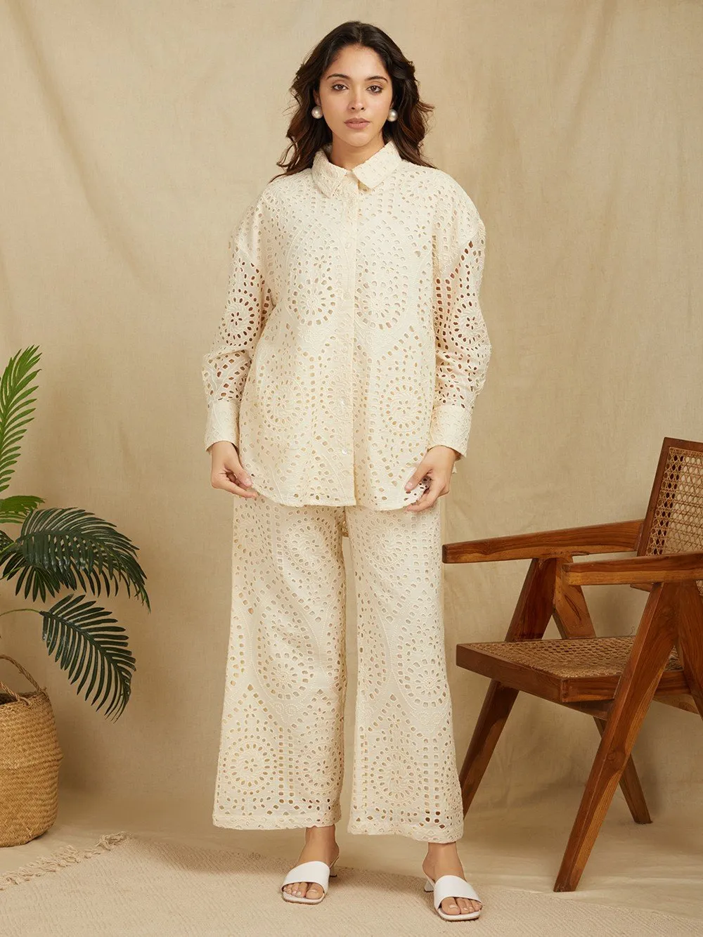 Beige Embroidered Cotton Co-ord Set - Set of 2