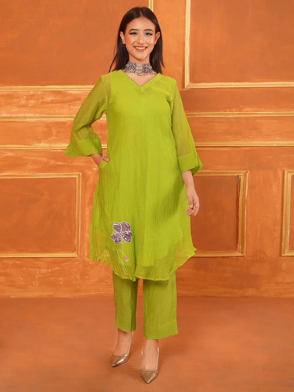 Green Sequins Work Chanderi Silk Co-ord Set - Set of 2