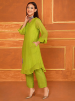 Green Sequins Work Chanderi Silk Co-ord Set - Set of 2