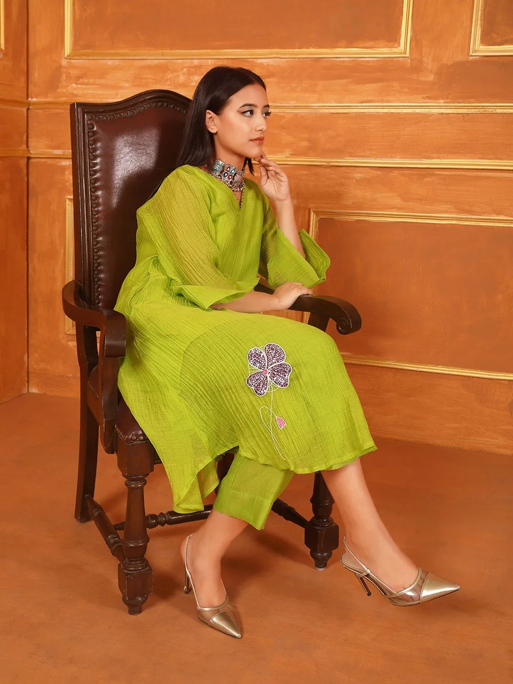 Green Sequins Work Chanderi Silk Co-ord Set - Set of 2