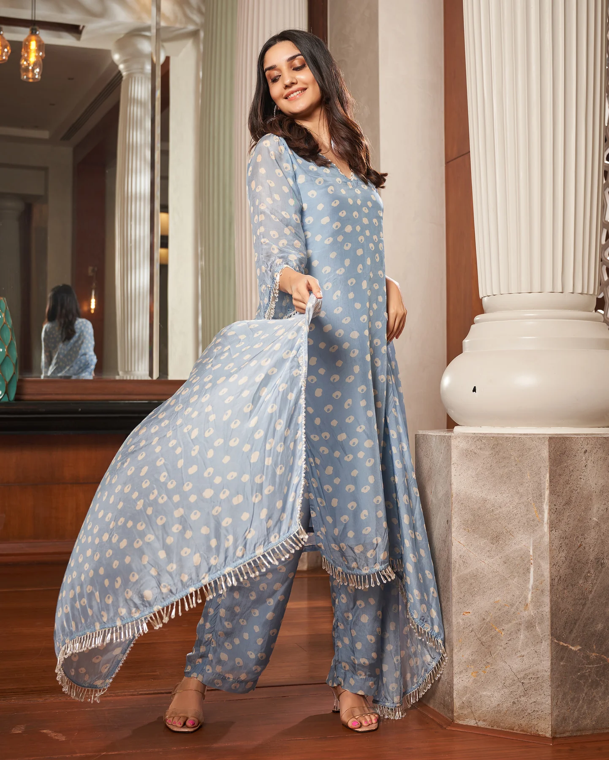 PASTEL BLUE BANDHANI SILK SUIT SET