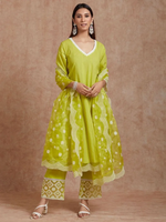 Yellow Lace Work Cotton Kurta with Pants- Set of 2