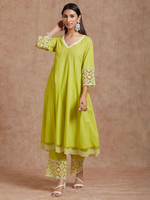 Yellow Lace Work Cotton Kurta with Pants- Set of 2