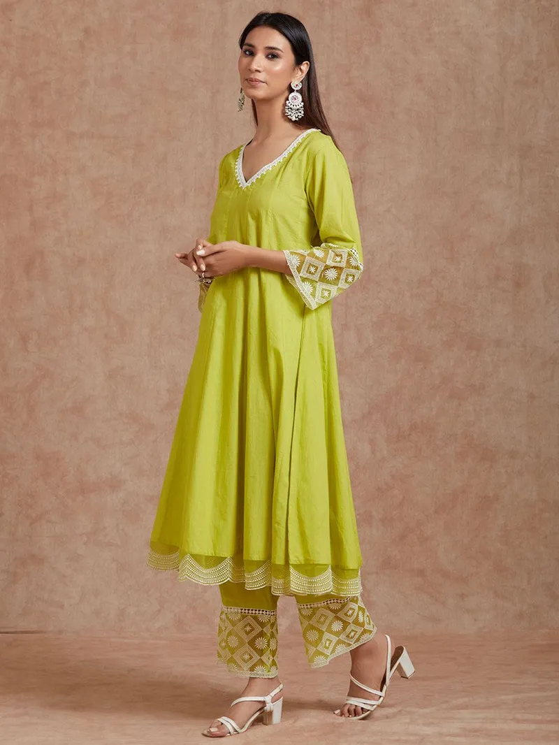 Yellow Lace Work Cotton Kurta with Pants- Set of 2