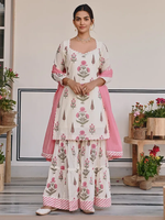 Cream Pink Printed Cotton Sharara Suit- Set of 3