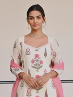 Cream Pink Printed Cotton Sharara Suit- Set of 3