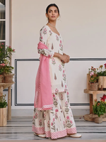 Cream Pink Printed Cotton Sharara Suit- Set of 3