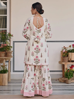 Cream Pink Printed Cotton Sharara Suit- Set of 3