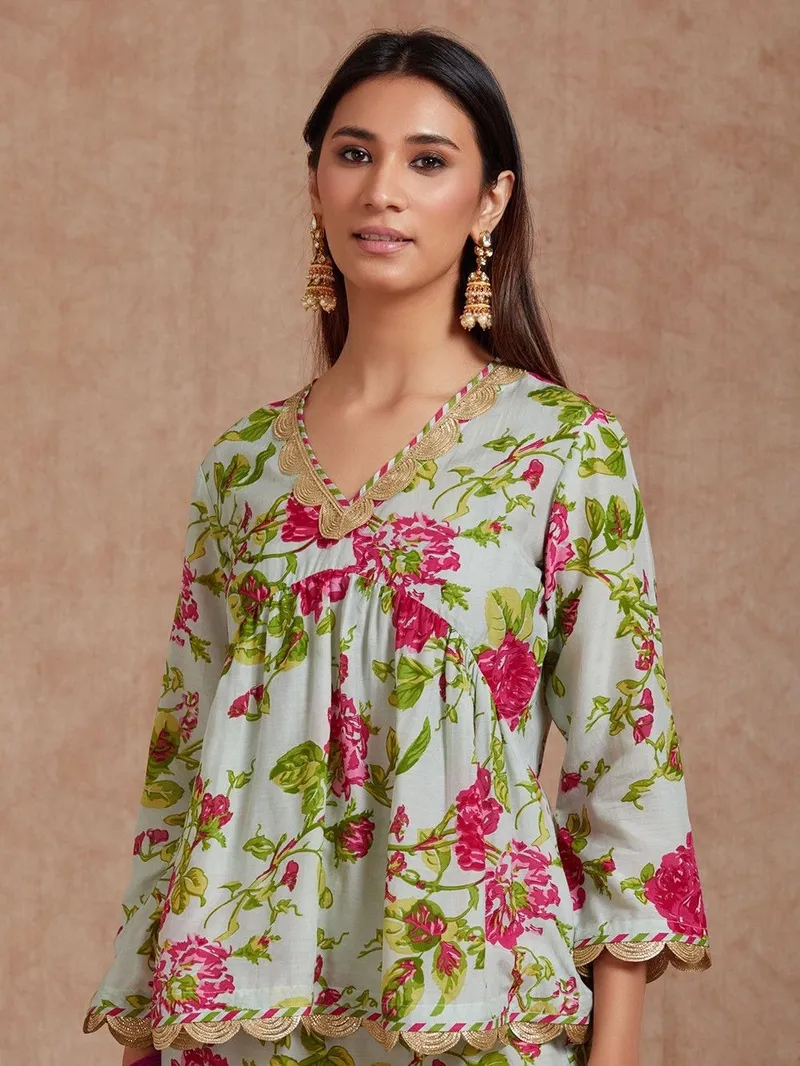 Green Printed Cotton Silk Kurta with Sharara- Set of 2