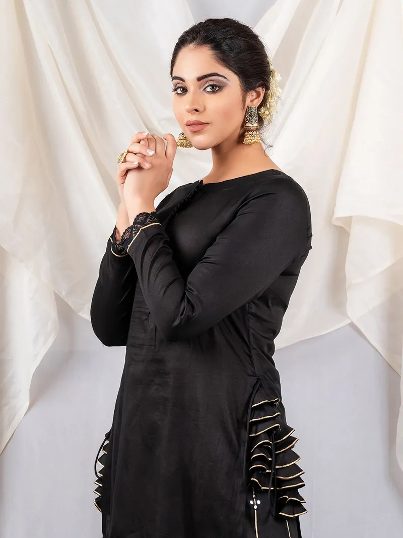 Black Mirror Work Cotton Silk Kurta with Sharara - Set of 2