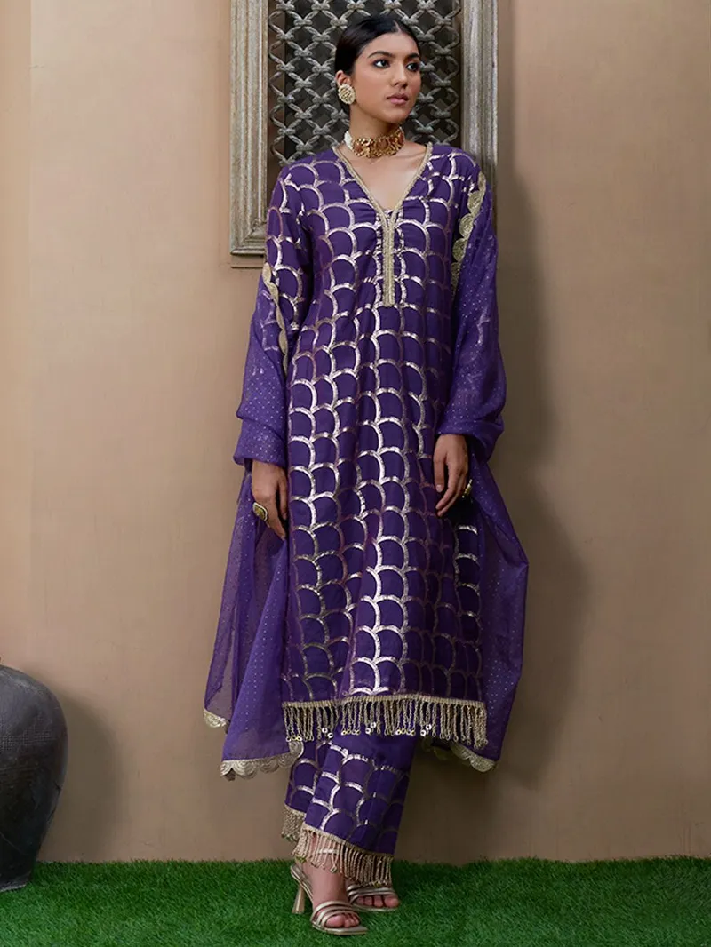 Purple Brocade Chanderi Kurta with Pants- Set of 3