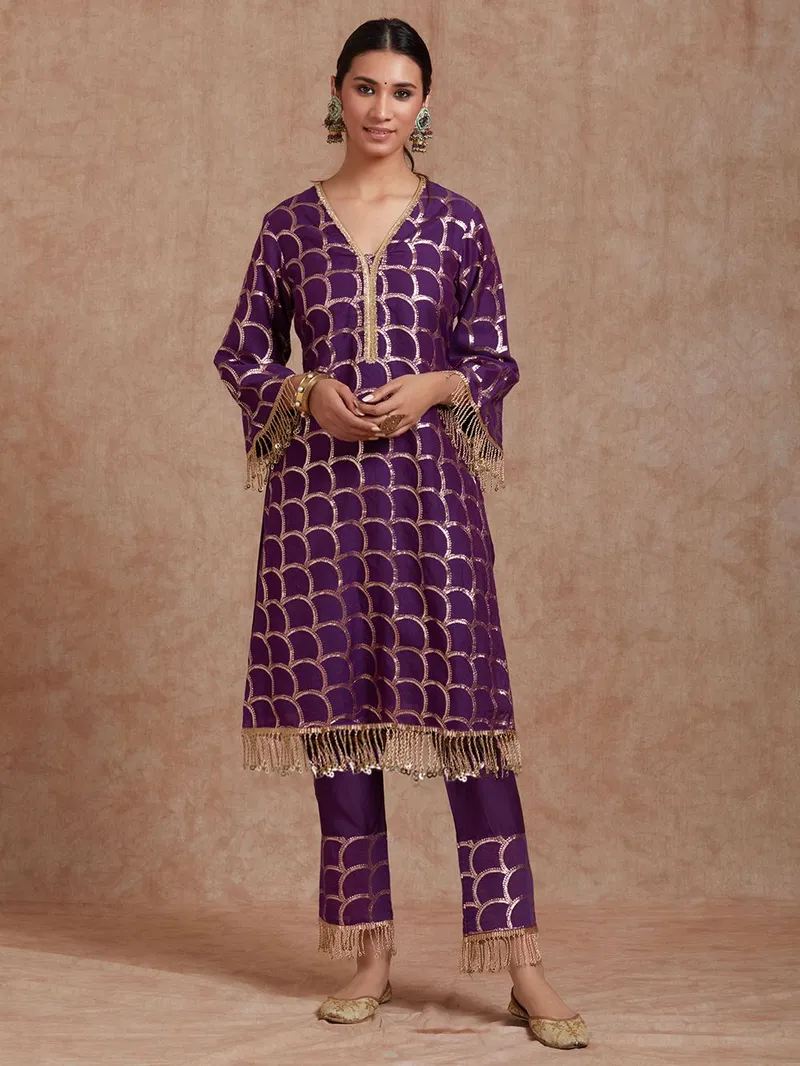 Purple Brocade Chanderi Kurta with Pants- Set of 3