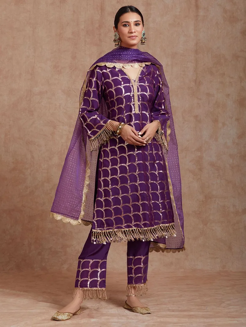 Purple Brocade Chanderi Kurta with Pants- Set of 3