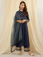 Navy Blue Mirror Work Cotton Suit with Organza Dupatta- Set of 3