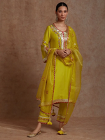 Yellow Gota Work Cotton Silk Kurta with Pants- Set of 2