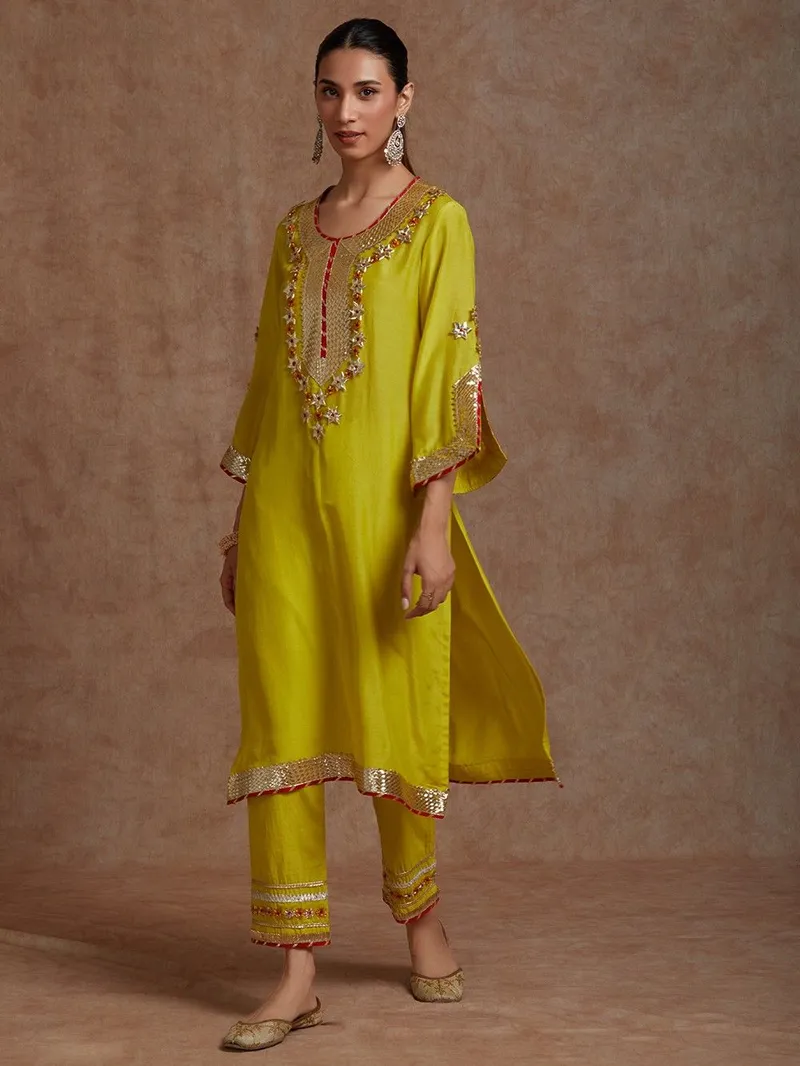 Yellow Gota Work Cotton Silk Kurta with Pants- Set of 2