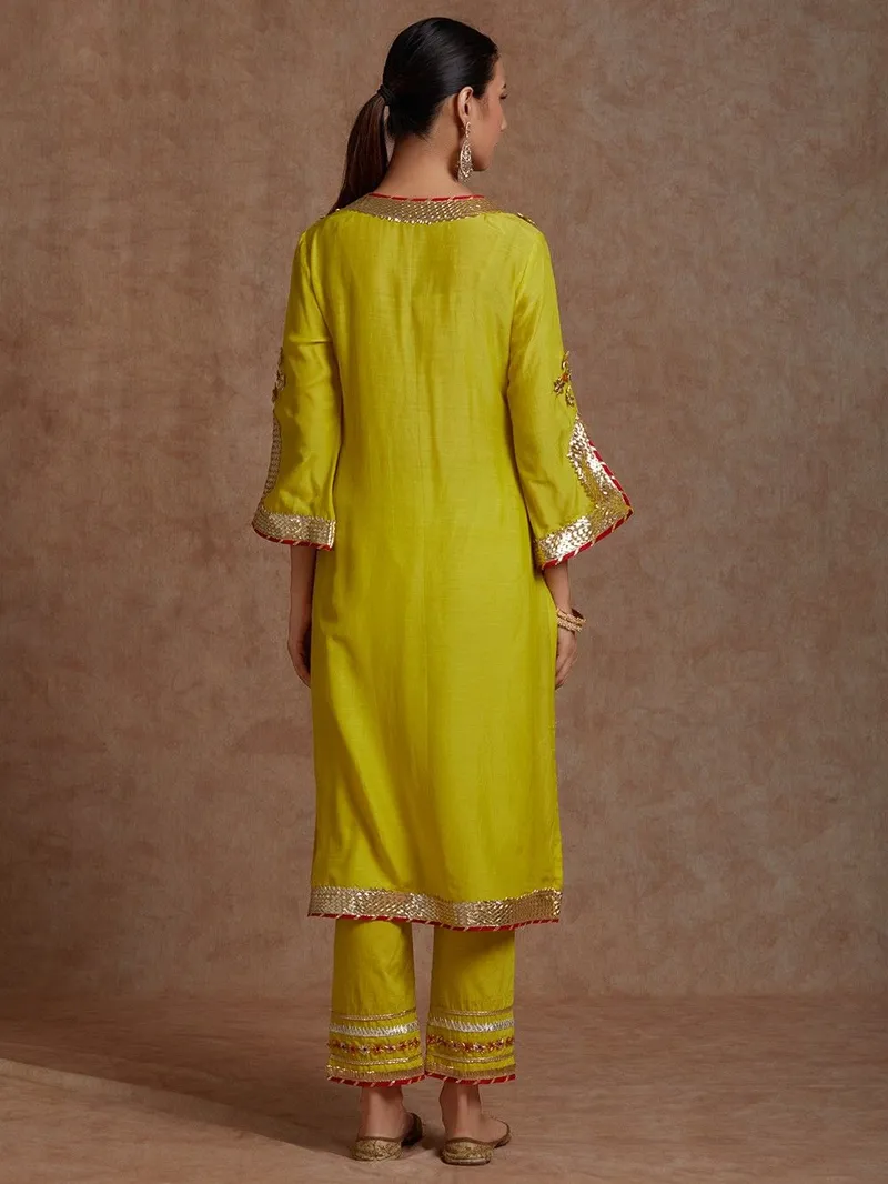 Yellow Gota Work Cotton Silk Kurta with Pants- Set of 2